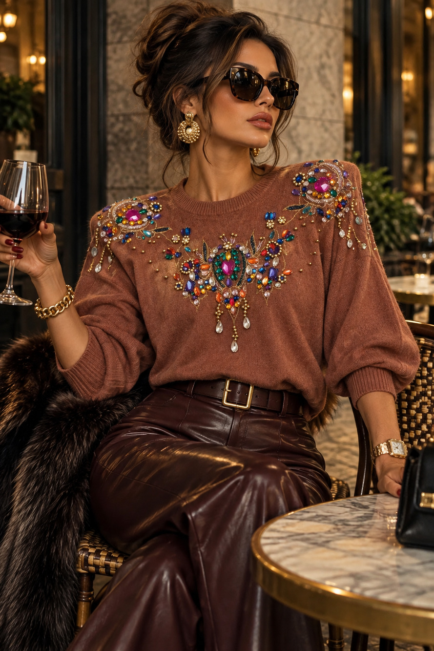 Vintage Lambswool & Angora Vivien Forest jeweled sweater rhinestones Size XL 80s
